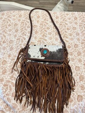 Fringe Cowhide Crossbody Bag with Turquoise Accent - Brown/White